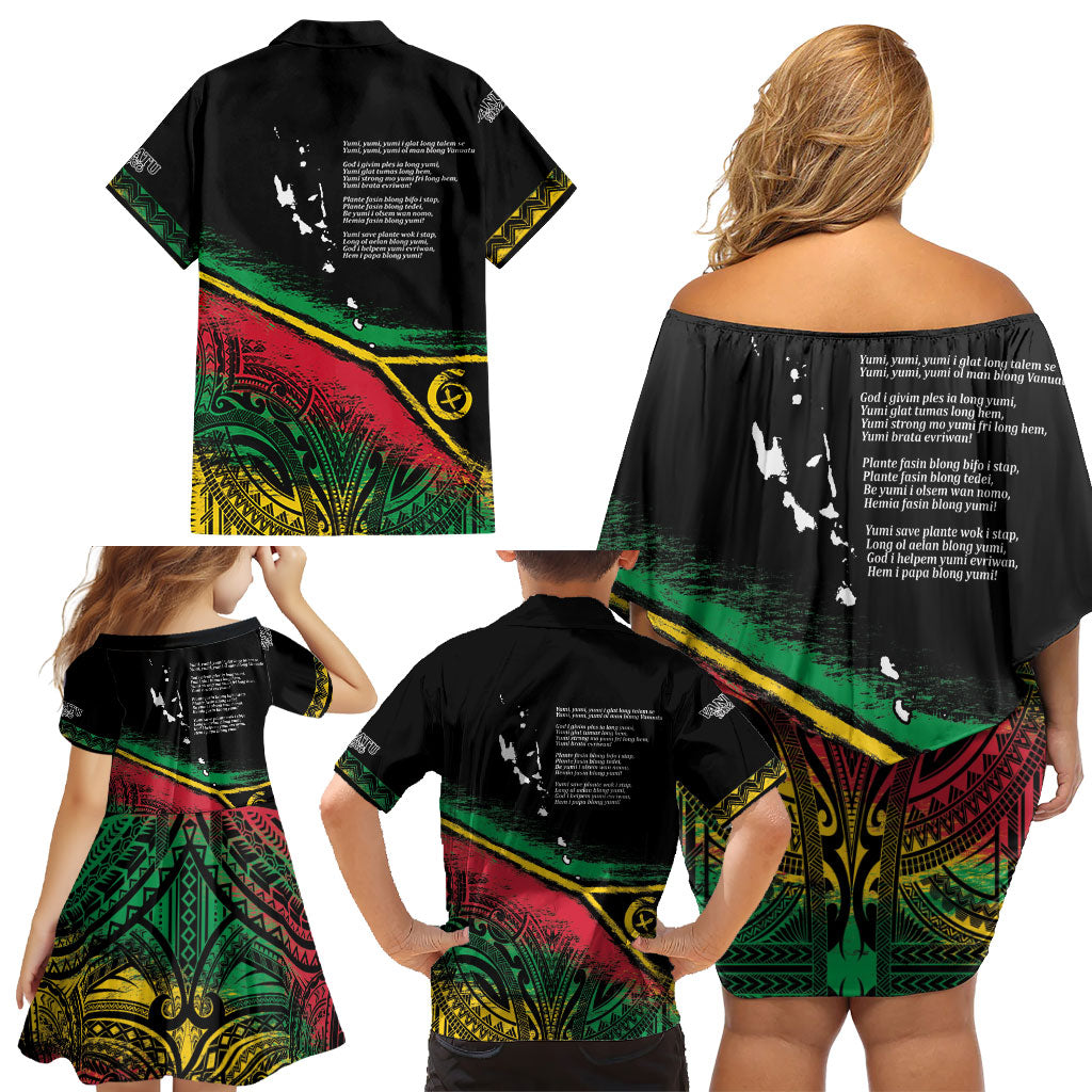 Vanuatu 46th Year Anniversary Family Matching Off Shoulder Short Dress and Hawaiian Shirt Vintage Grunge Vanuatu Flag Heritage