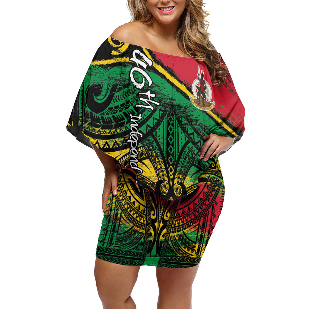 Vanuatu 46th Year Anniversary Family Matching Off Shoulder Short Dress and Hawaiian Shirt Vintage Grunge Vanuatu Flag Heritage