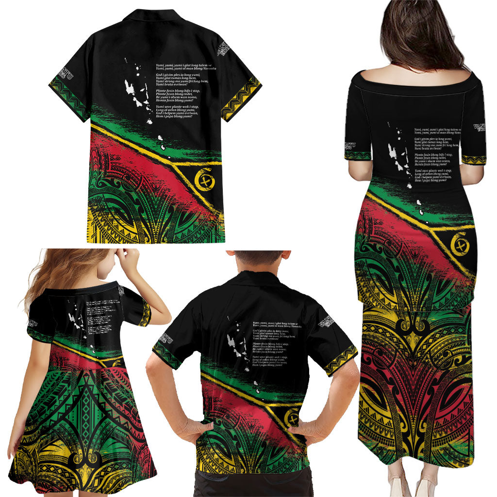 Vanuatu 46th Year Anniversary Family Matching Puletasi and Hawaiian Shirt Vintage Grunge Vanuatu Flag Heritage