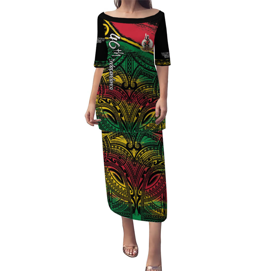 Vanuatu 46th Year Anniversary Family Matching Puletasi and Hawaiian Shirt Vintage Grunge Vanuatu Flag Heritage