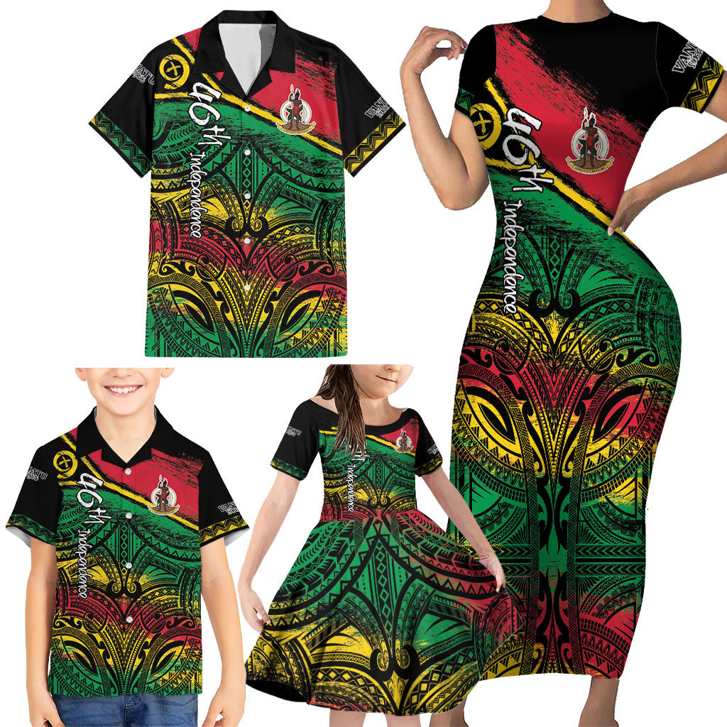 Vanuatu 46th Year Anniversary Family Matching Short Sleeve Bodycon Dress and Hawaiian Shirt Vintage Grunge Vanuatu Flag Heritage
