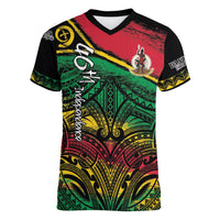 Vanuatu 46th Year Anniversary Women V-Neck T-Shirt Vintage Grunge Vanuatu Flag Heritage LT9 Female Black - Polynesian Pride