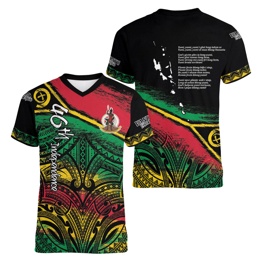 Vanuatu 46th Year Anniversary Women V-Neck T-Shirt Vintage Grunge Vanuatu Flag Heritage LT9 - Polynesian Pride