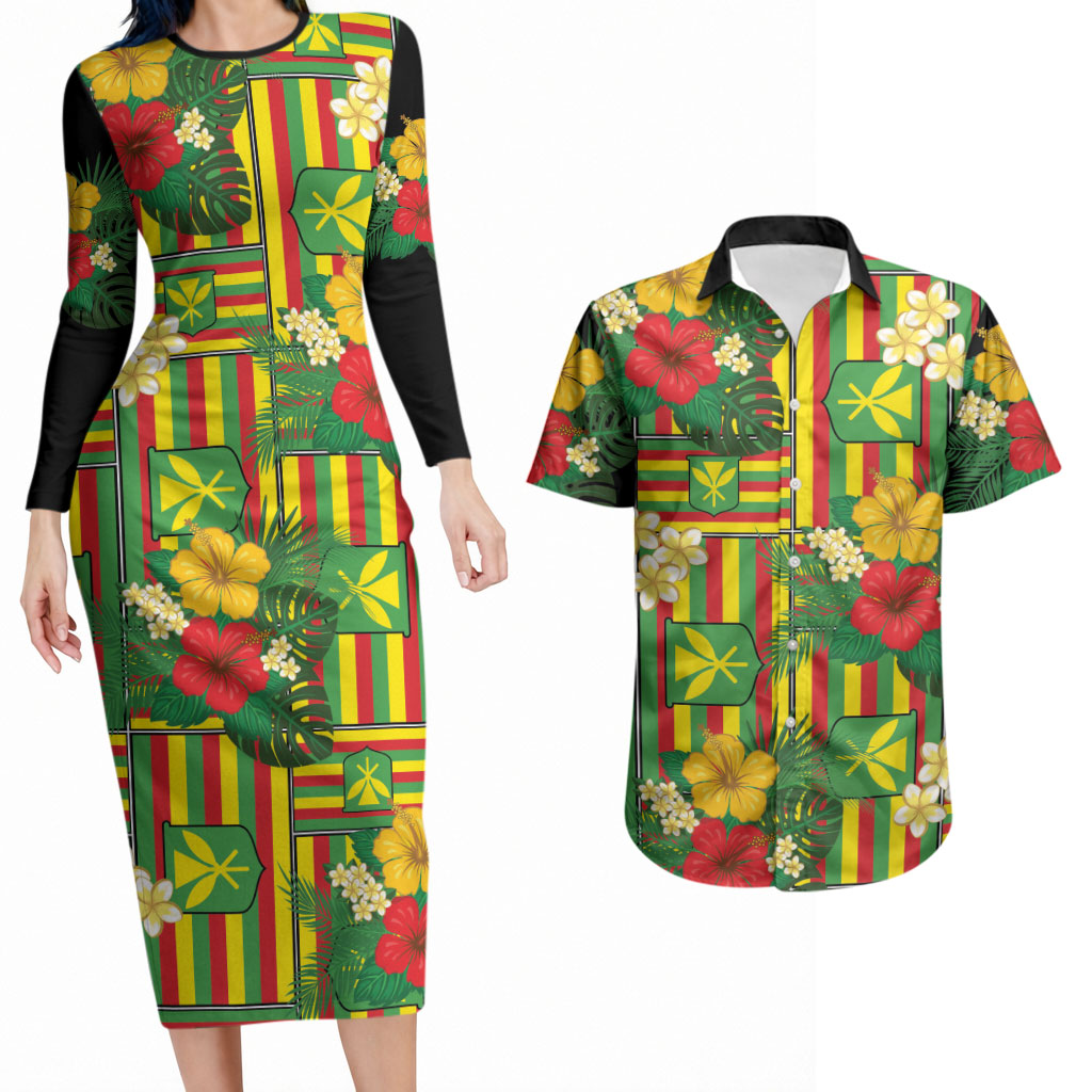 Hawaii Kanaka Maoli Hibiscus Couples Matching Long Sleeve Bodycon Dress and Hawaiian Shirt Hawaiian Flag Motif LT9 Green - Polynesian Pride