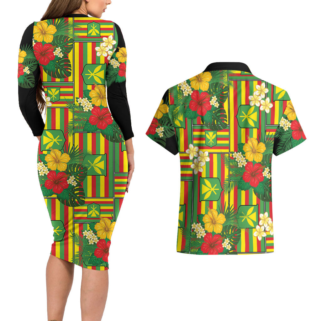 Hawaii Kanaka Maoli Hibiscus Couples Matching Long Sleeve Bodycon Dress and Hawaiian Shirt Hawaiian Flag Motif
