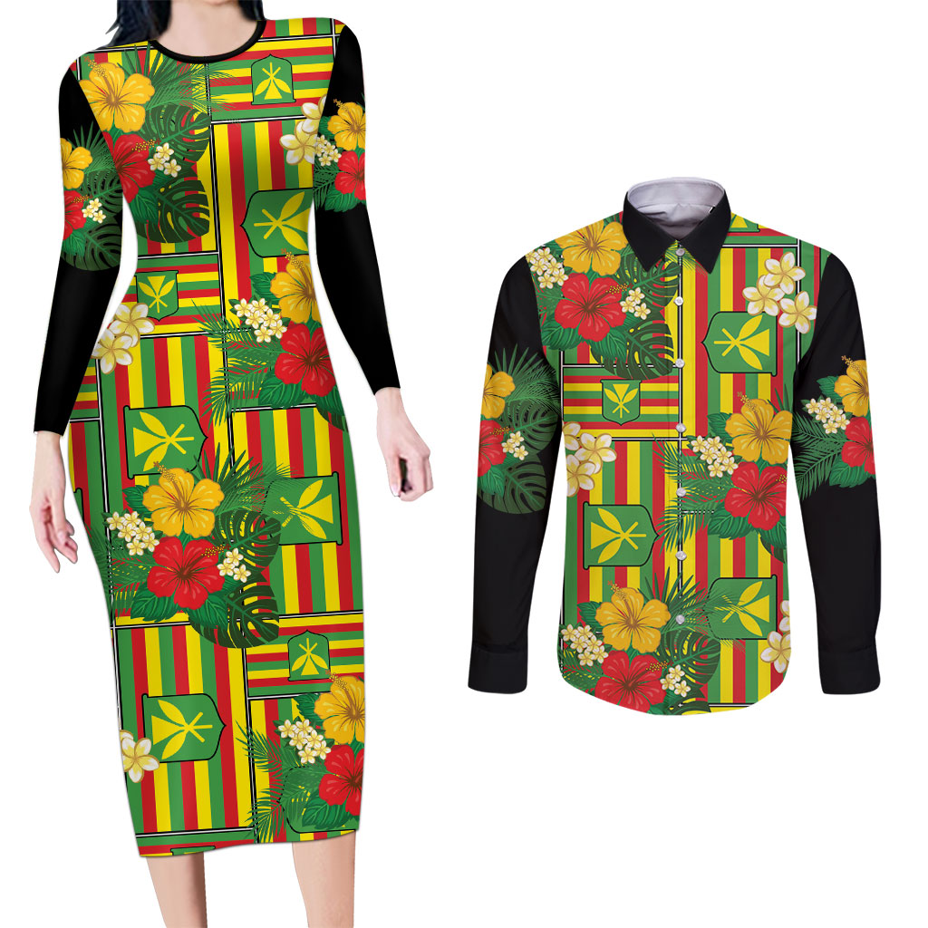 Hawaii Kanaka Maoli Hibiscus Couples Matching Long Sleeve Bodycon Dress and Long Sleeve Button Shirt Hawaiian Flag Motif
