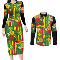 Hawaii Kanaka Maoli Hibiscus Couples Matching Long Sleeve Bodycon Dress and Long Sleeve Button Shirt Hawaiian Flag Motif
