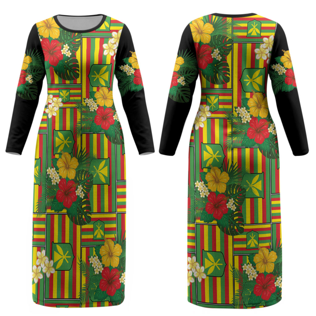 Hawaii Kanaka Maoli Hibiscus Couples Matching Long Sleeve Bodycon Dress and Long Sleeve Button Shirt Hawaiian Flag Motif LT9 - Polynesian Pride