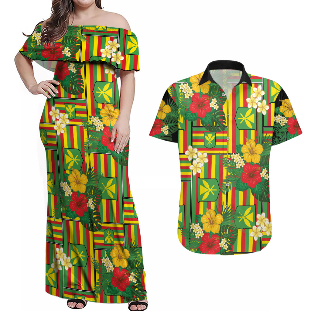 Hawaii Kanaka Maoli Hibiscus Couples Matching Off Shoulder Maxi Dress and Hawaiian Shirt Hawaiian Flag Motif