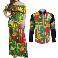 Hawaii Kanaka Maoli Hibiscus Couples Matching Off Shoulder Maxi Dress and Long Sleeve Button Shirt Hawaiian Flag Motif
