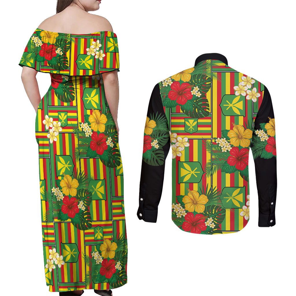 Hawaii Kanaka Maoli Hibiscus Couples Matching Off Shoulder Maxi Dress and Long Sleeve Button Shirt Hawaiian Flag Motif