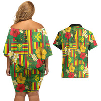 Hawaii Kanaka Maoli Hibiscus Couples Matching Off Shoulder Short Dress and Hawaiian Shirt Hawaiian Flag Motif