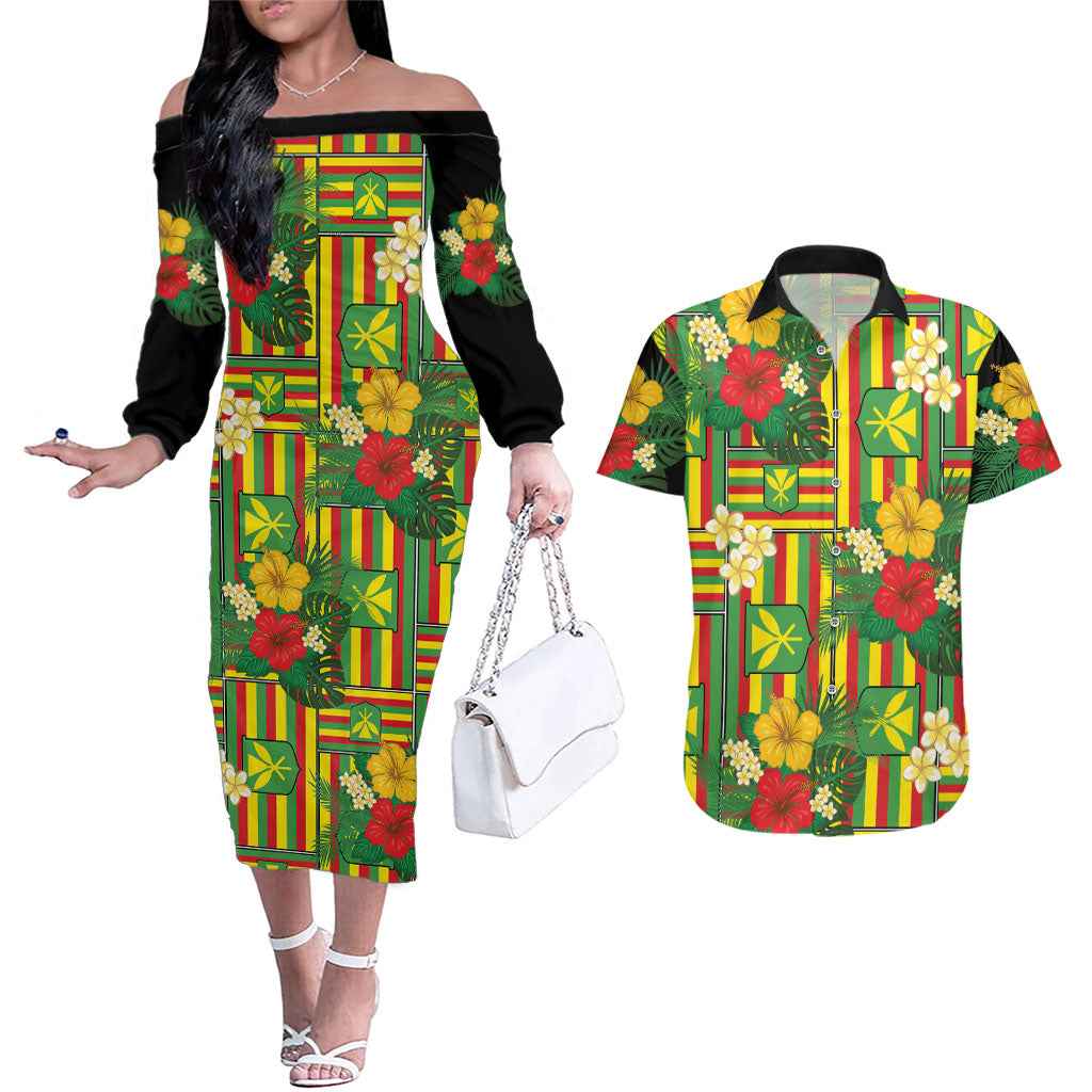 Hawaii Kanaka Maoli Hibiscus Couples Matching Off The Shoulder Long Sleeve Dress and Hawaiian Shirt Hawaiian Flag Motif