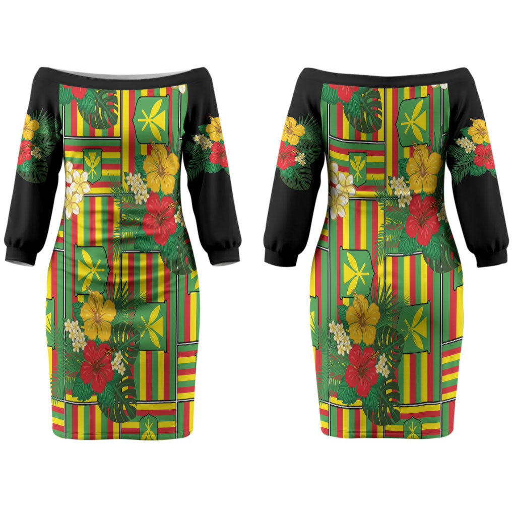Hawaii Kanaka Maoli Hibiscus Couples Matching Off The Shoulder Long Sleeve Dress and Hawaiian Shirt Hawaiian Flag Motif LT9 - Polynesian Pride