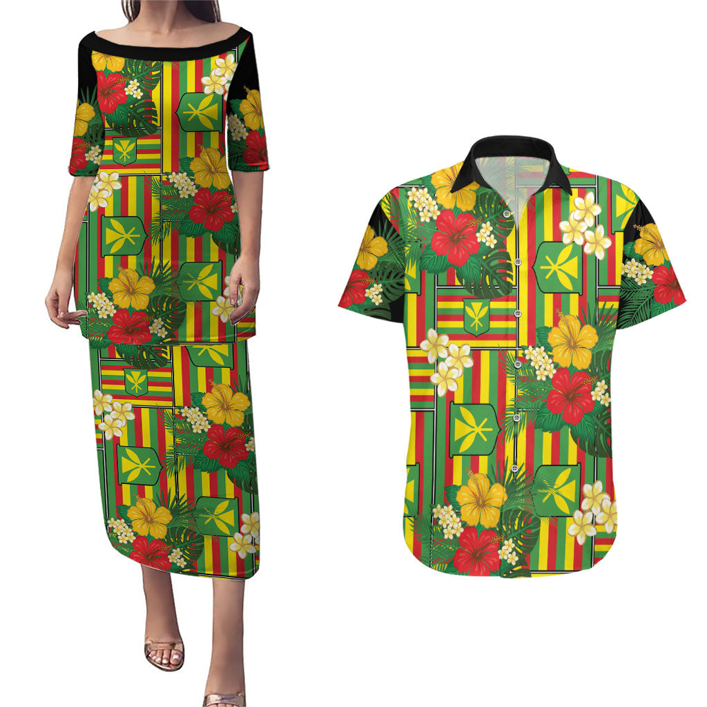 Hawaii Kanaka Maoli Hibiscus Couples Matching Puletasi and Hawaiian Shirt Hawaiian Flag Motif