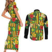Hawaii Kanaka Maoli Hibiscus Couples Matching Short Sleeve Bodycon Dress and Long Sleeve Button Shirt Hawaiian Flag Motif