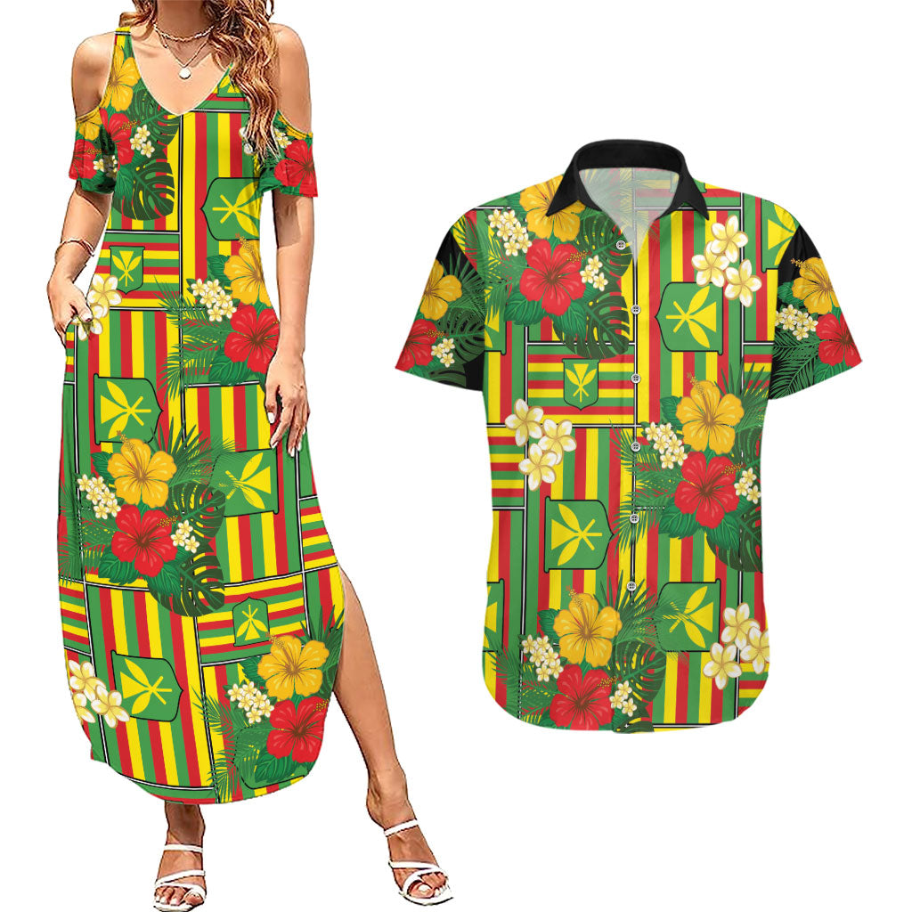 Hawaii Kanaka Maoli Hibiscus Couples Matching Summer Maxi Dress and Hawaiian Shirt Hawaiian Flag Motif