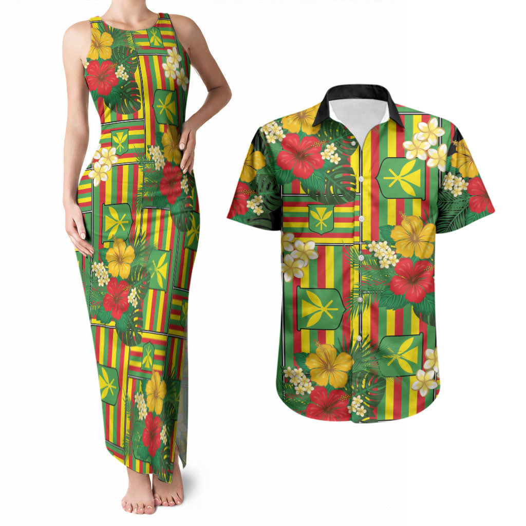 Hawaii Kanaka Maoli Hibiscus Couples Matching Tank Maxi Dress and Hawaiian Shirt Hawaiian Flag Motif LT9 Green - Polynesian Pride