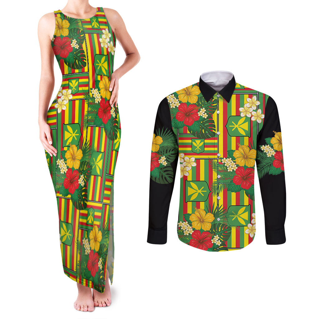 Hawaii Kanaka Maoli Hibiscus Couples Matching Tank Maxi Dress and Long Sleeve Button Shirt Hawaiian Flag Motif