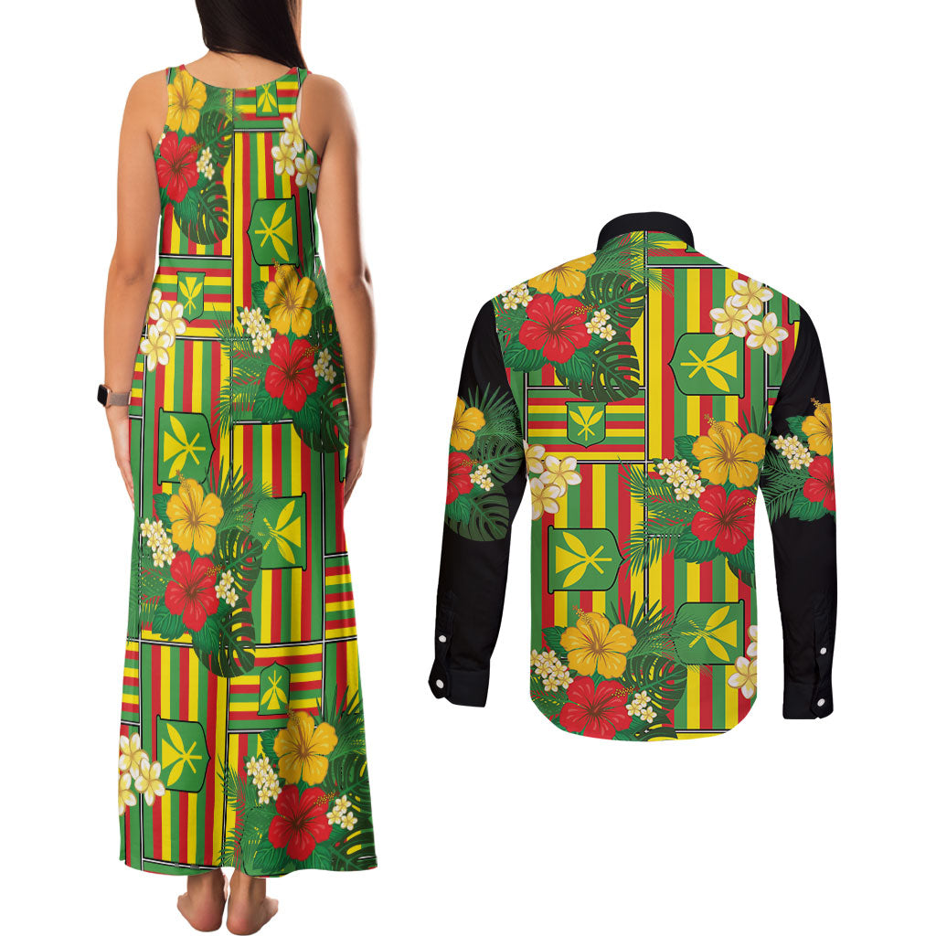 Hawaii Kanaka Maoli Hibiscus Couples Matching Tank Maxi Dress and Long Sleeve Button Shirt Hawaiian Flag Motif