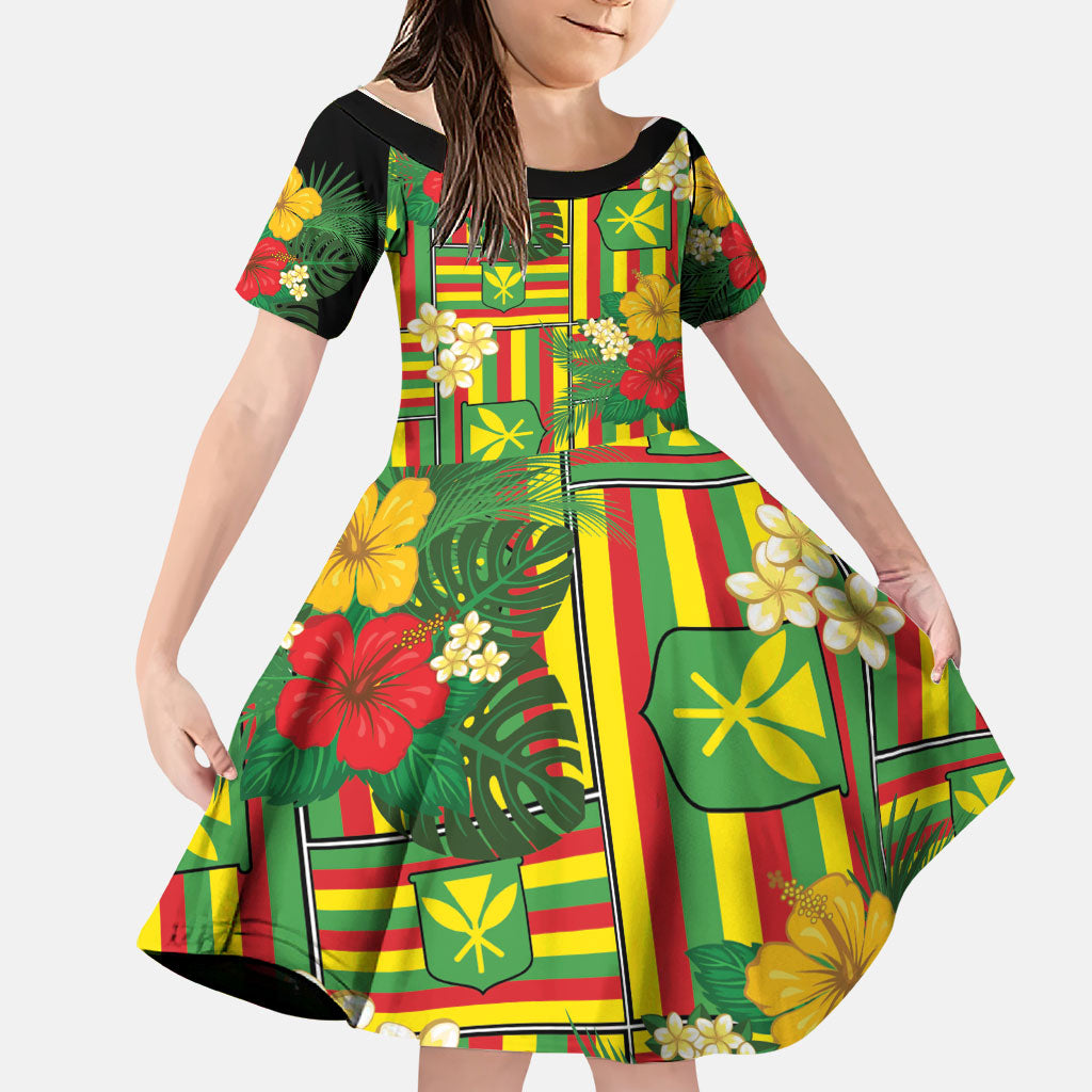 Hawaii Kanaka Maoli Hibiscus Family Matching Long Sleeve Bodycon Dress and Hawaiian Shirt Hawaiian Flag Motif