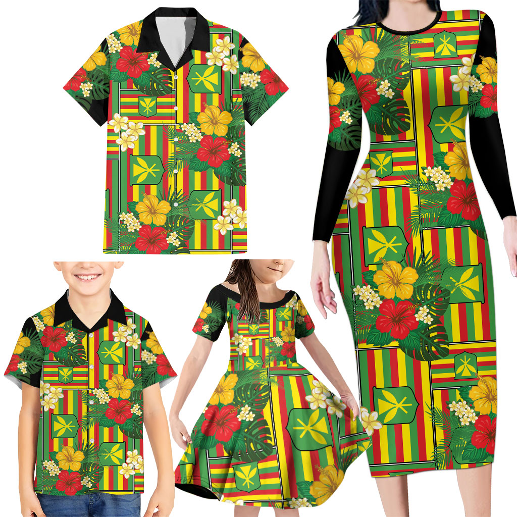 Hawaii Kanaka Maoli Hibiscus Family Matching Long Sleeve Bodycon Dress and Hawaiian Shirt Hawaiian Flag Motif