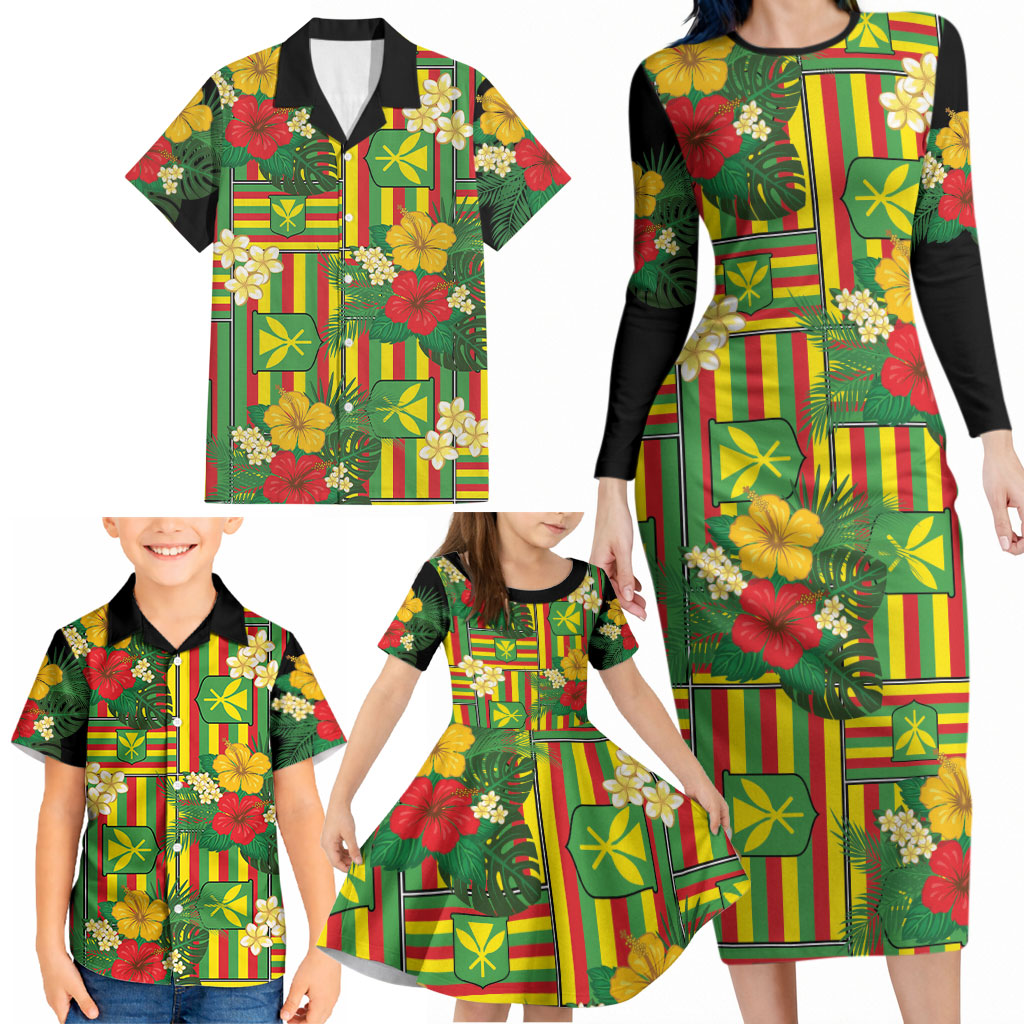 Hawaii Kanaka Maoli Hibiscus Family Matching Long Sleeve Bodycon Dress and Hawaiian Shirt Hawaiian Flag Motif LT9 - Polynesian Pride