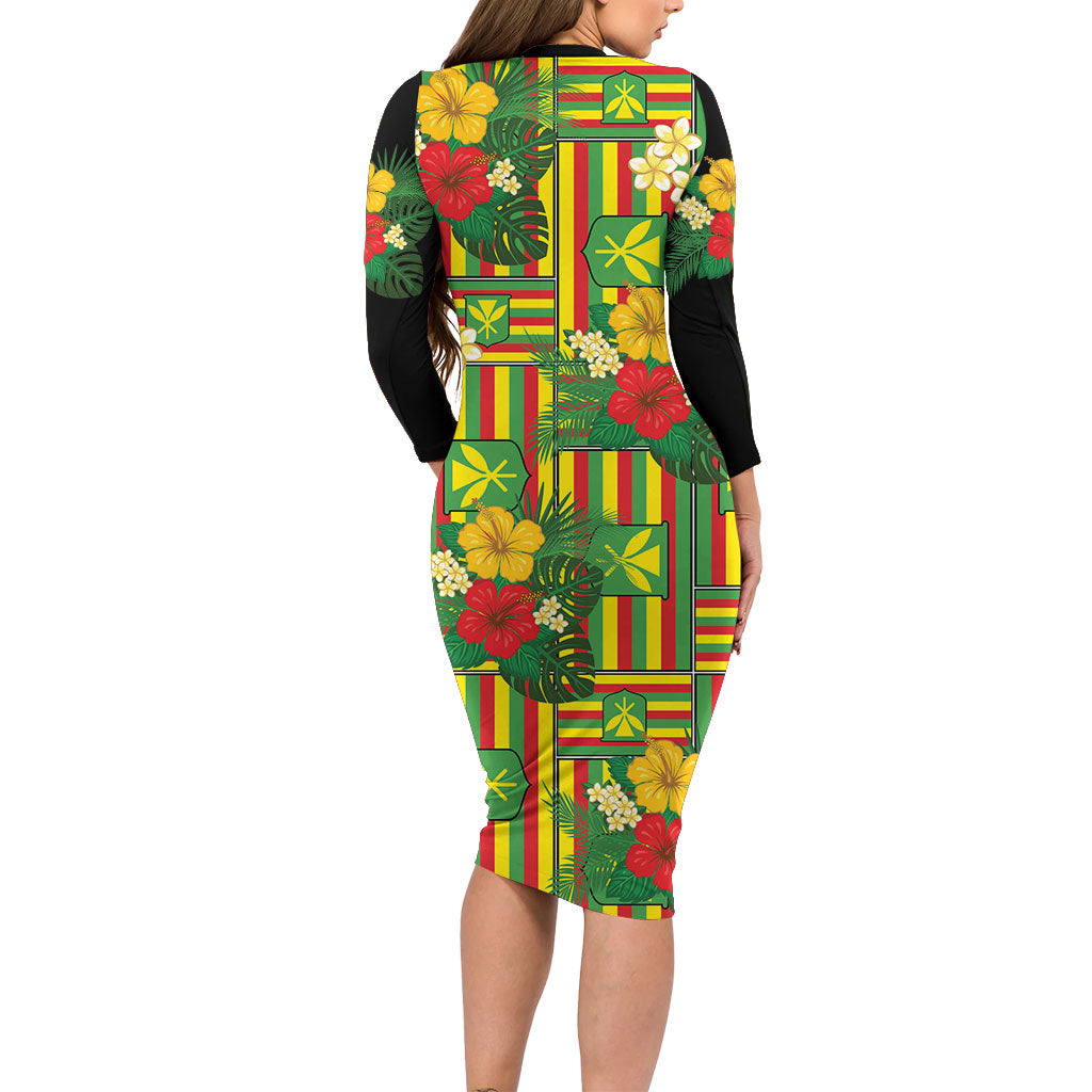 Hawaii Kanaka Maoli Hibiscus Family Matching Long Sleeve Bodycon Dress and Hawaiian Shirt Hawaiian Flag Motif