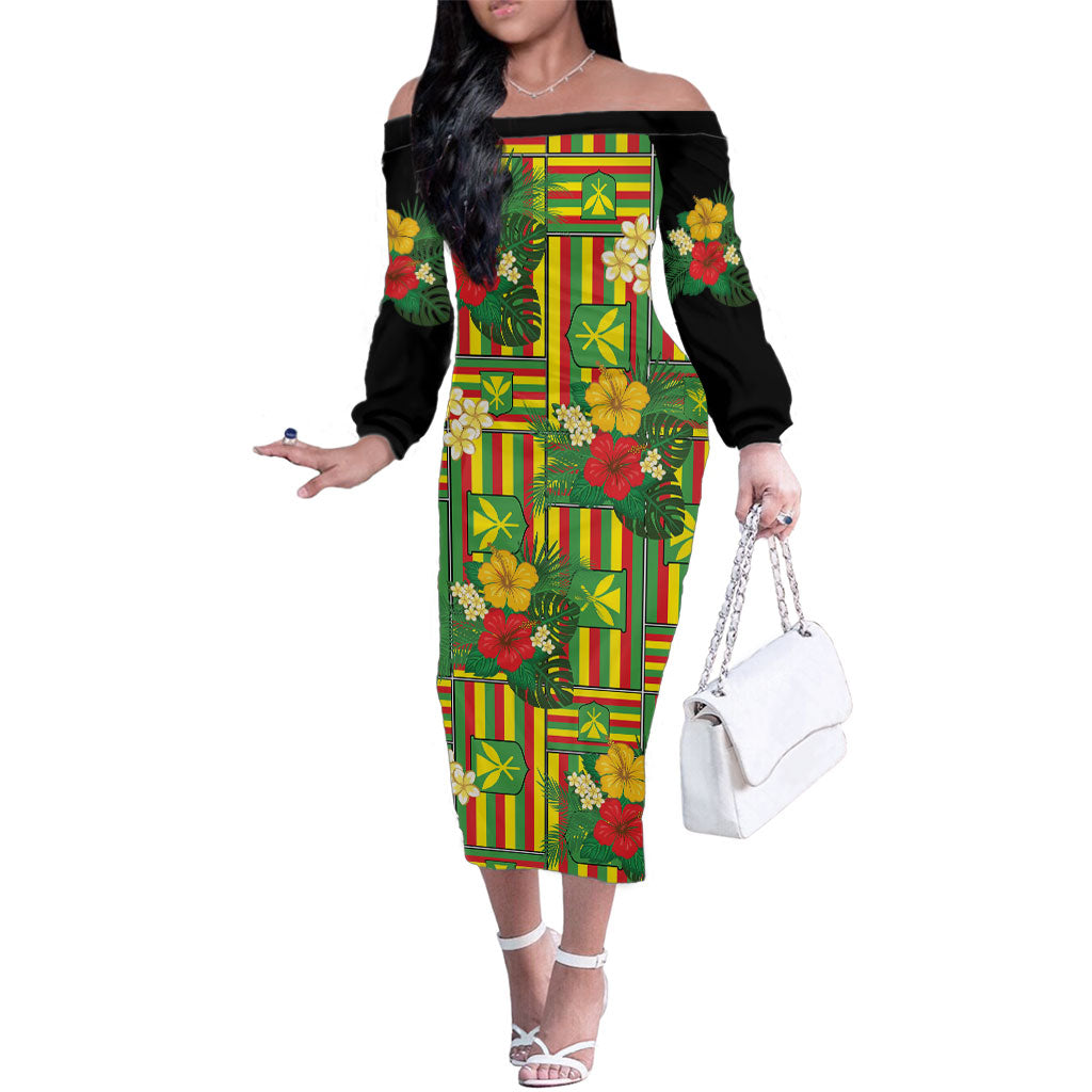 Hawaii Kanaka Maoli Hibiscus Family Matching Off The Shoulder Long Sleeve Dress and Hawaiian Shirt Hawaiian Flag Motif