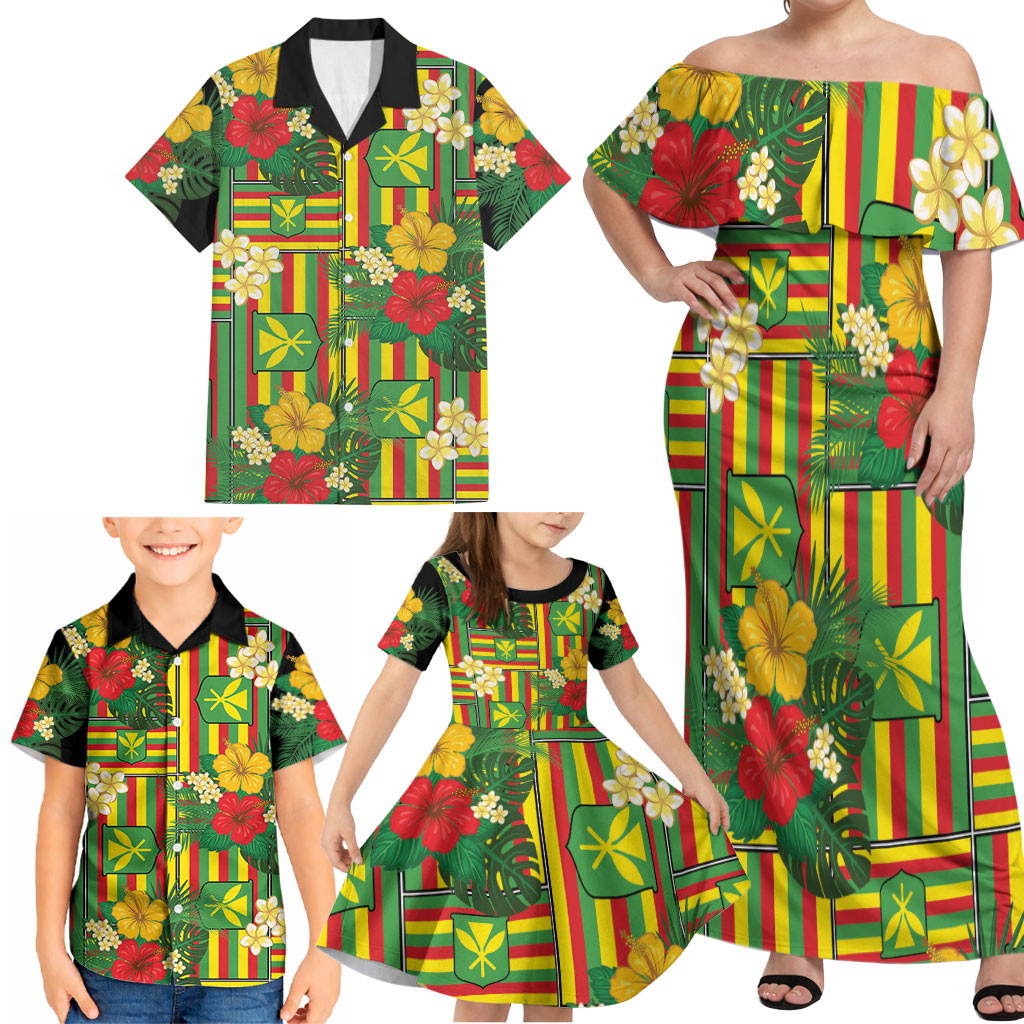 Hawaii Kanaka Maoli Hibiscus Family Matching Off Shoulder Maxi Dress and Hawaiian Shirt Hawaiian Flag Motif LT9 - Polynesian Pride