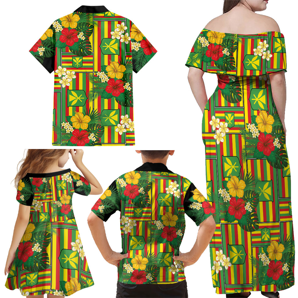 Hawaii Kanaka Maoli Hibiscus Family Matching Off Shoulder Maxi Dress and Hawaiian Shirt Hawaiian Flag Motif