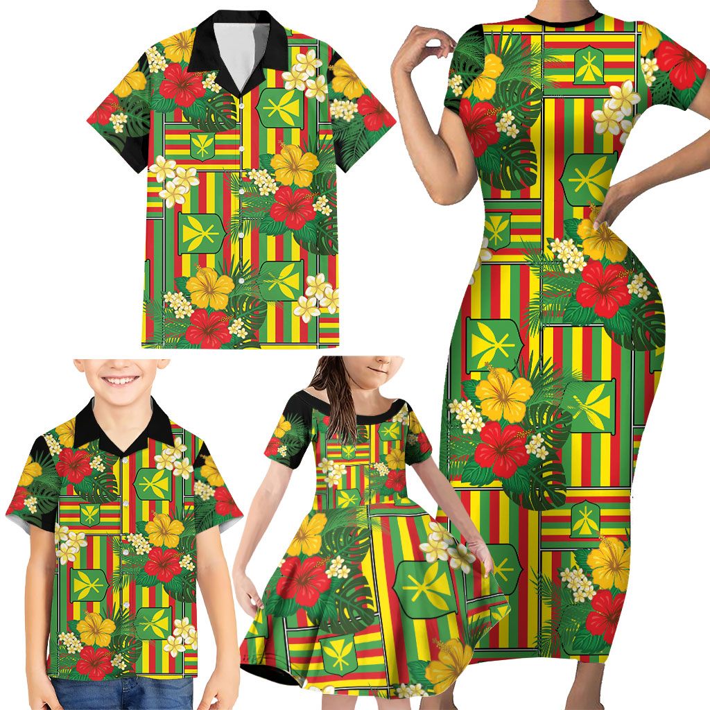 Hawaii Kanaka Maoli Hibiscus Family Matching Short Sleeve Bodycon Dress and Hawaiian Shirt Hawaiian Flag Motif