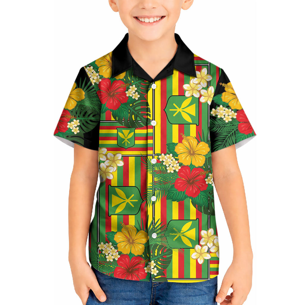 Hawaii Kanaka Maoli Hibiscus Kid Hawaiian Shirt Hawaiian Flag Motif LT9 Kid Green - Polynesian Pride