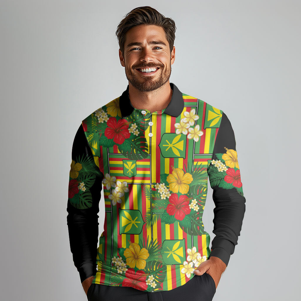 Hawaii Kanaka Maoli Hibiscus Long Sleeve Polo Shirt Hawaiian Flag Motif