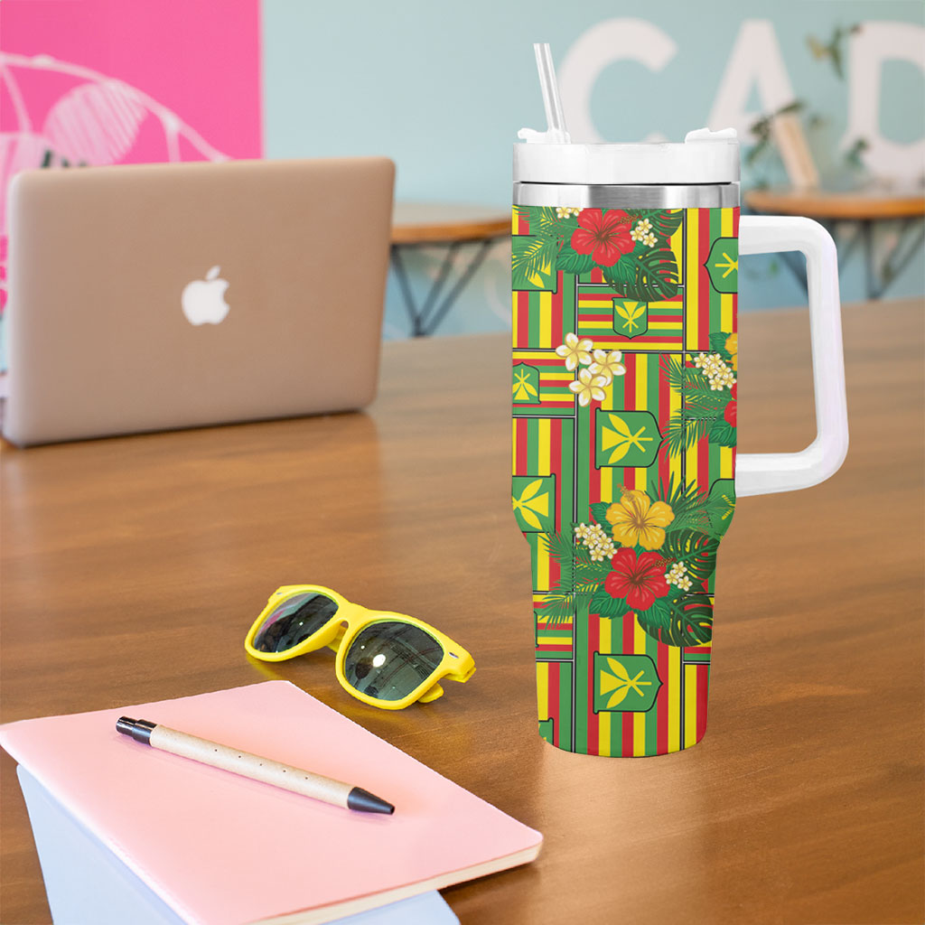 Hawaii Kanaka Maoli Hibiscus Tumbler With Handle Hawaiian Flag Motif
