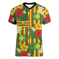 Hawaii Kanaka Maoli Hibiscus Women V-Neck T-Shirt Hawaiian Flag Motif