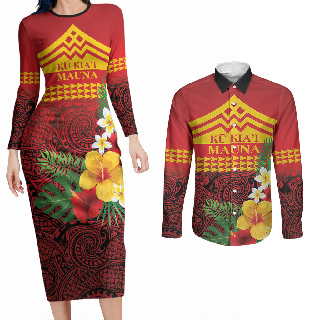 Hawaii Ku Kia'i Mauna Personalized Couples Matching Long Sleeve Bodycon Dress and Long Sleeve Button Shirt Hibiscus Kakau Pattern LT9 Red - Polynesian Pride