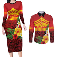Hawaii Ku Kia'i Mauna Personalized Couples Matching Long Sleeve Bodycon Dress and Long Sleeve Button Shirt Hibiscus Kakau Pattern