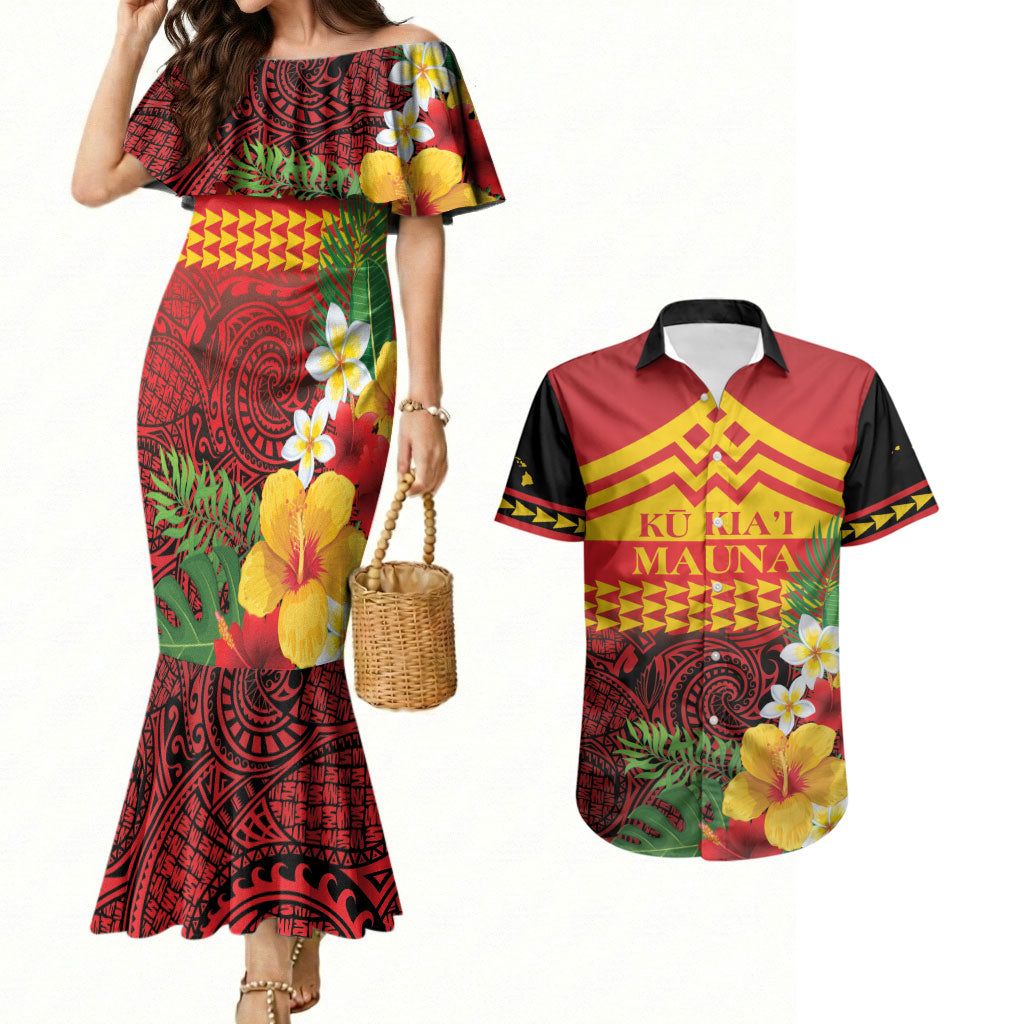 Hawaii Ku Kia'i Mauna Personalized Couples Matching Mermaid Dress and Hawaiian Shirt Hibiscus Kakau Pattern LT9 Red - Polynesian Pride