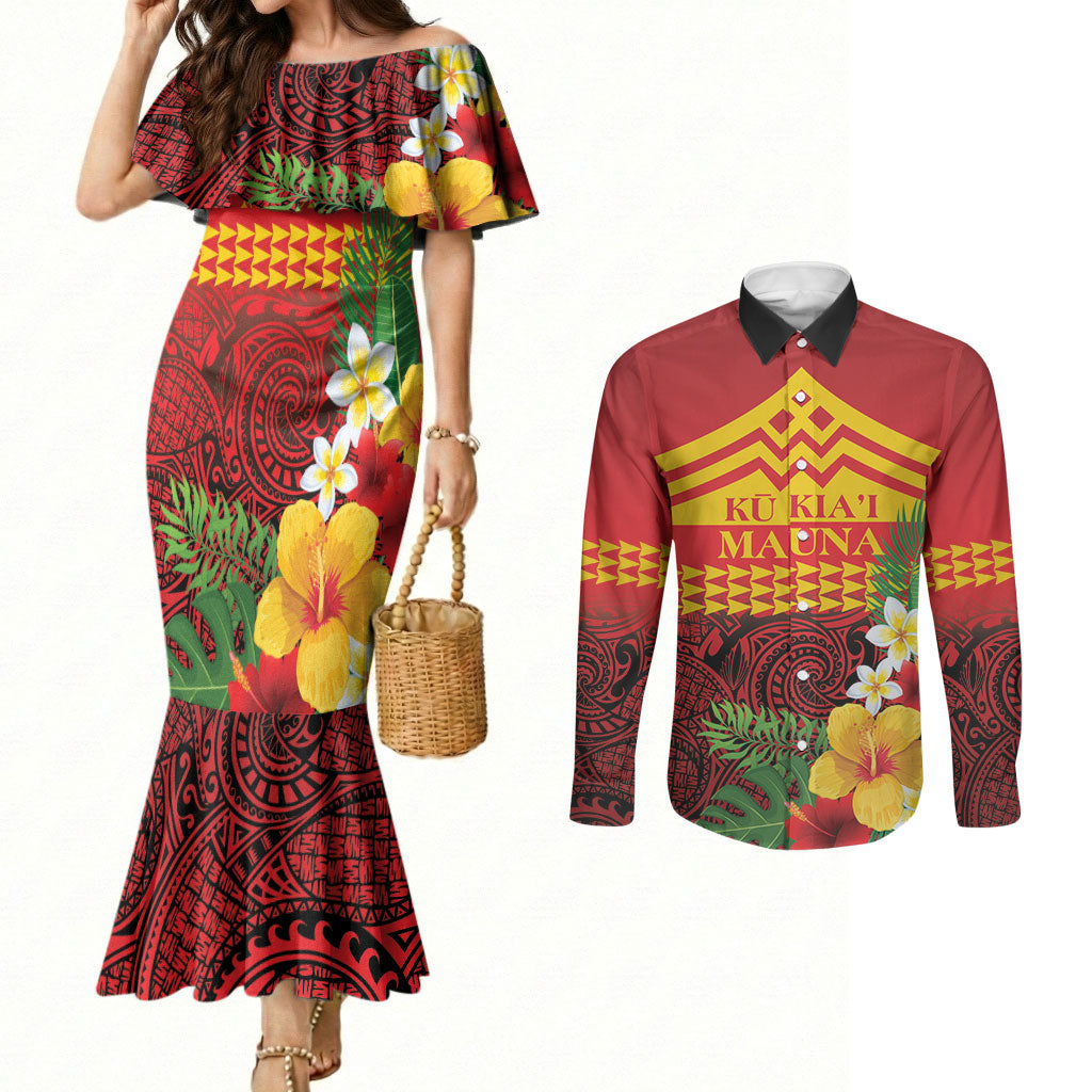 Hawaii Ku Kia'i Mauna Personalized Couples Matching Mermaid Dress and Long Sleeve Button Shirt Hibiscus Kakau Pattern LT9 Red - Polynesian Pride