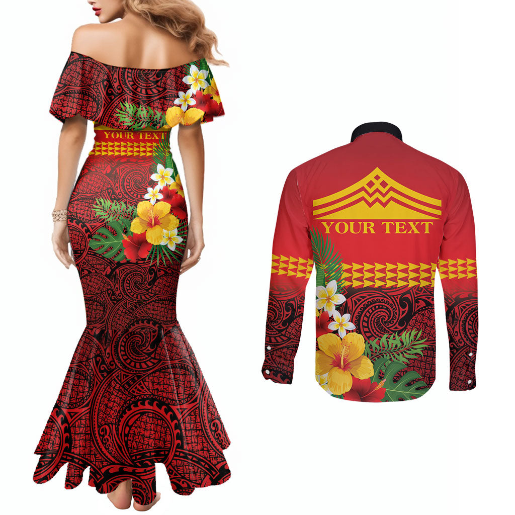 Hawaii Ku Kia'i Mauna Personalized Couples Matching Mermaid Dress and Long Sleeve Button Shirt Hibiscus Kakau Pattern