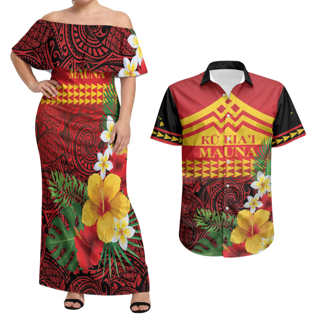 Hawaii Ku Kia'i Mauna Personalized Couples Matching Off Shoulder Maxi Dress and Hawaiian Shirt Hibiscus Kakau Pattern LT9 Red - Polynesian Pride