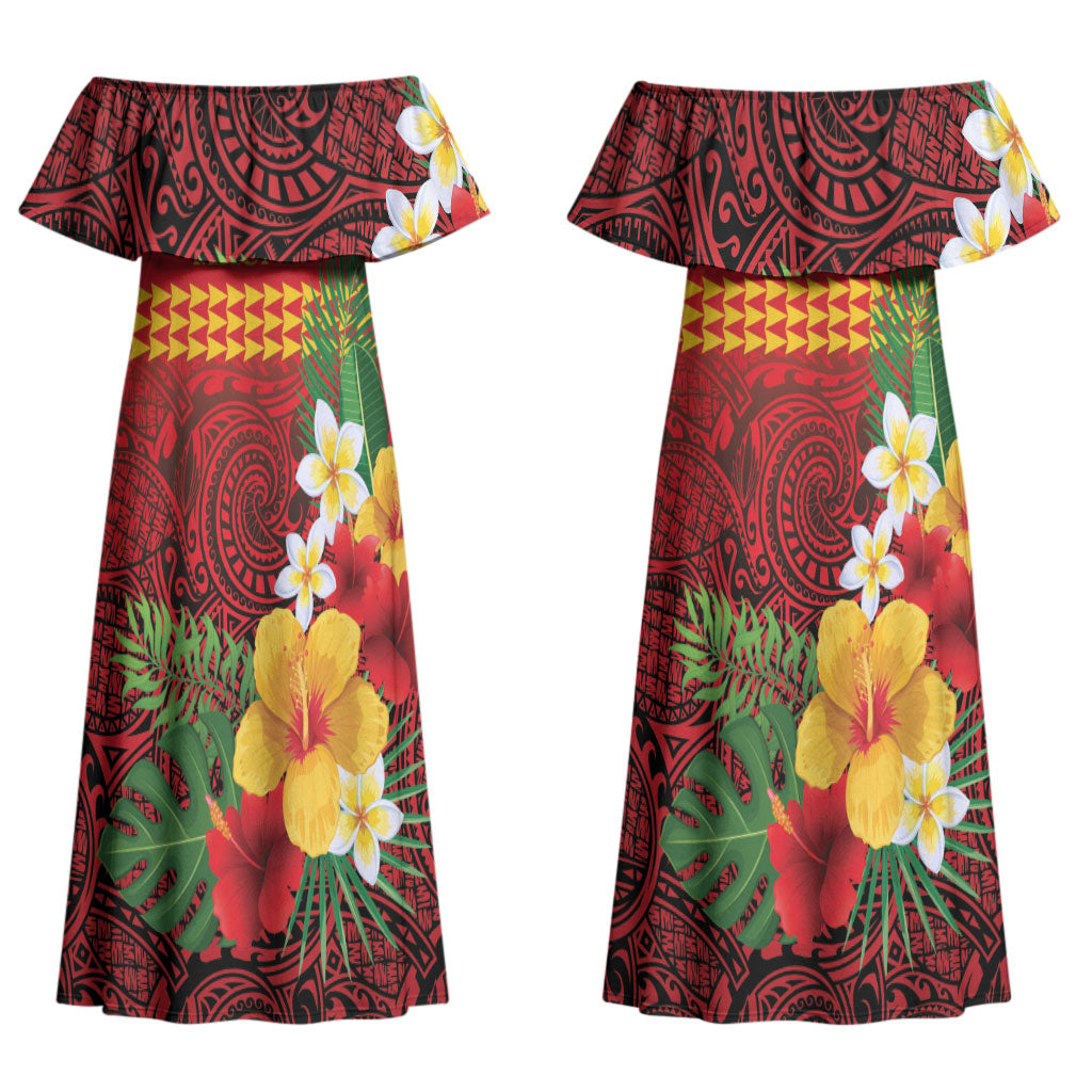 Hawaii Ku Kia'i Mauna Personalized Couples Matching Off Shoulder Maxi Dress and Hawaiian Shirt Hibiscus Kakau Pattern LT9 - Polynesian Pride