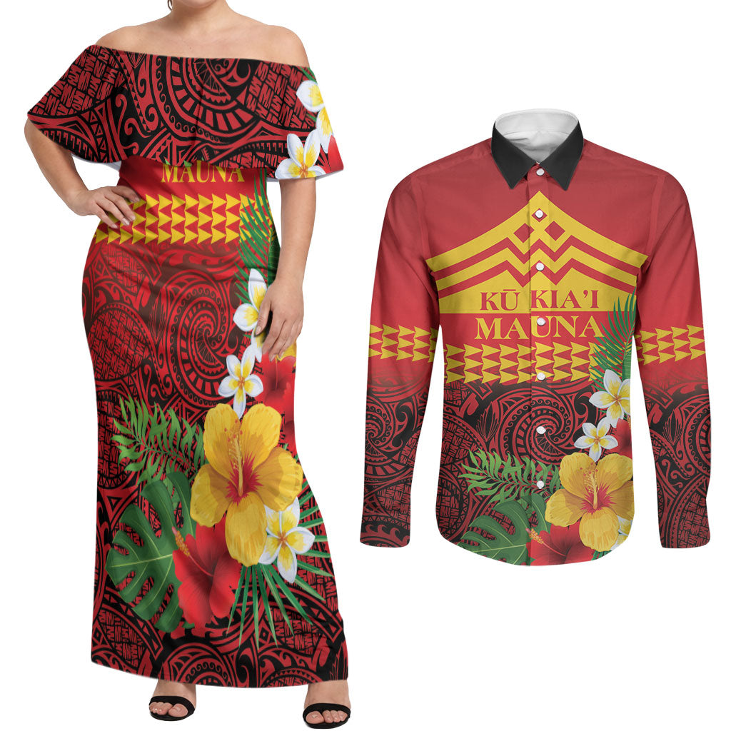 Hawaii Ku Kia'i Mauna Personalized Couples Matching Off Shoulder Maxi Dress and Long Sleeve Button Shirt Hibiscus Kakau Pattern LT9 Red - Polynesian Pride
