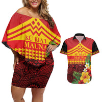 Hawaii Ku Kia'i Mauna Personalized Couples Matching Off Shoulder Short Dress and Hawaiian Shirt Hibiscus Kakau Pattern