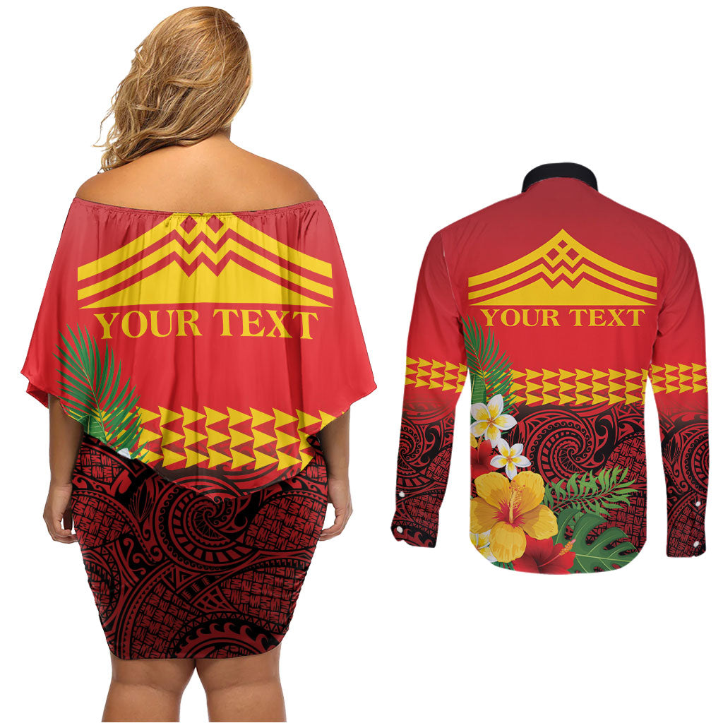 Hawaii Ku Kia'i Mauna Personalized Couples Matching Off Shoulder Short Dress and Long Sleeve Button Shirt Hibiscus Kakau Pattern