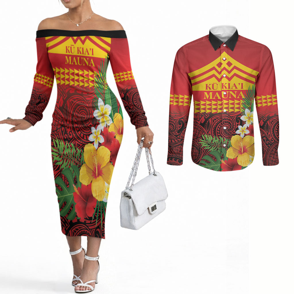 Hawaii Ku Kia'i Mauna Personalized Couples Matching Off The Shoulder Long Sleeve Dress and Long Sleeve Button Shirt Hibiscus Kakau Pattern LT9 Red - Polynesian Pride
