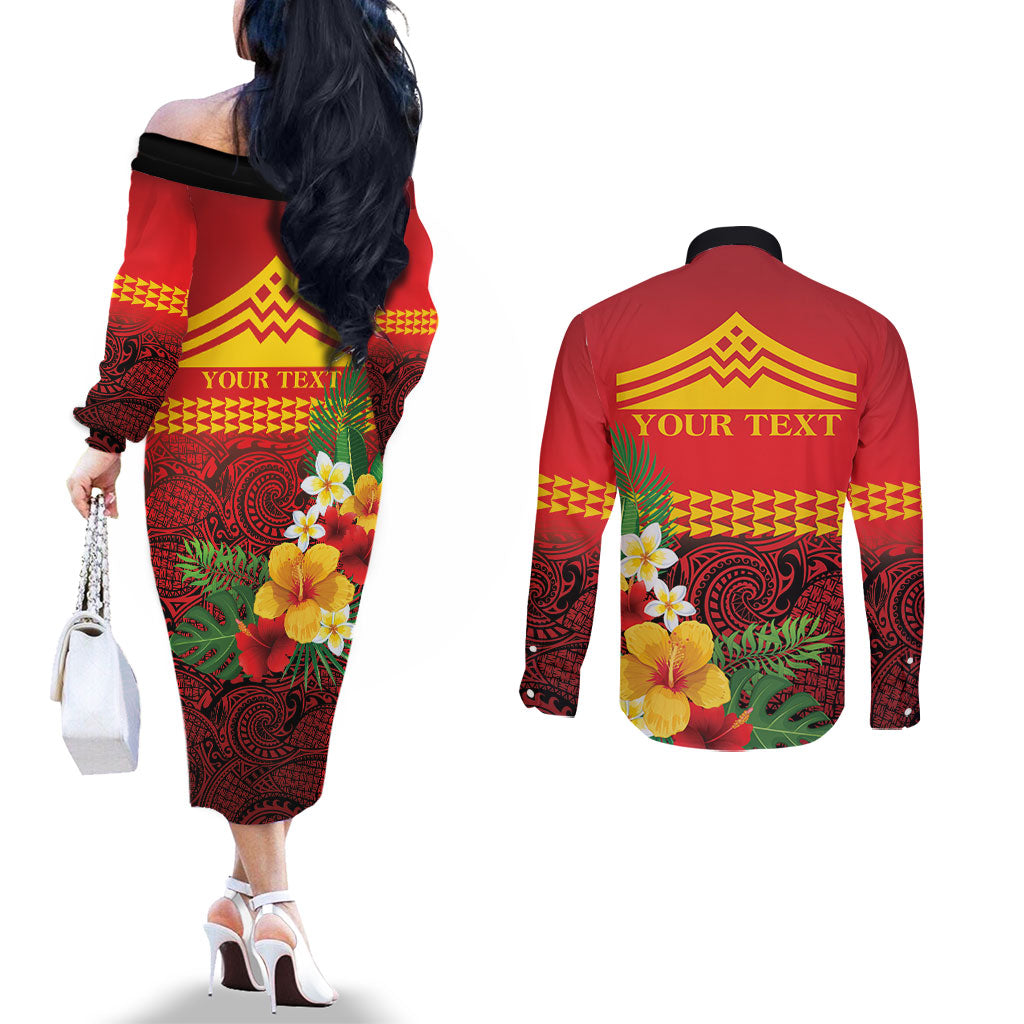 Hawaii Ku Kia'i Mauna Personalized Couples Matching Off The Shoulder Long Sleeve Dress and Long Sleeve Button Shirt Hibiscus Kakau Pattern