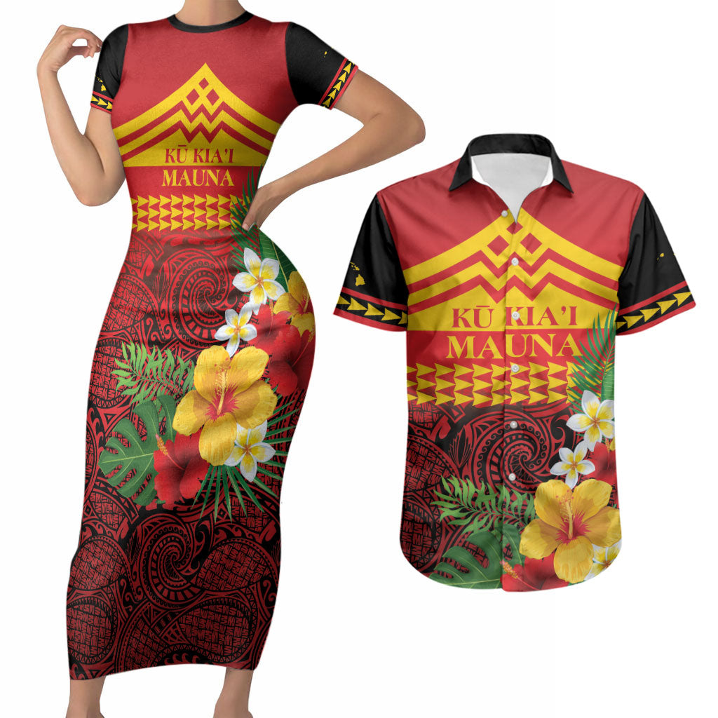 Hawaii Ku Kia'i Mauna Personalized Couples Matching Short Sleeve Bodycon Dress and Hawaiian Shirt Hibiscus Kakau Pattern LT9 Red - Polynesian Pride