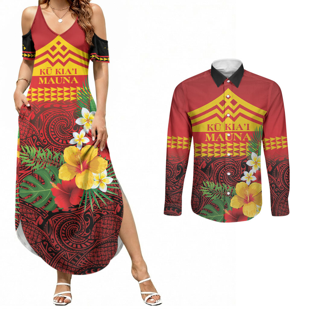 Hawaii Ku Kia'i Mauna Personalized Couples Matching Summer Maxi Dress and Long Sleeve Button Shirt Hibiscus Kakau Pattern LT9 Red - Polynesian Pride